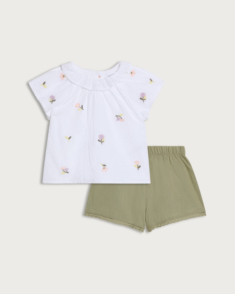 F&F Baby 2-Piece Pure Cotton Embroidered T-Shirt and Shorts Set in Cream
