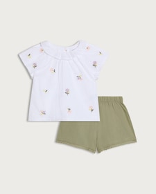 F&F Baby 2-Piece Pure Cotton Embroidered T-Shirt and Shorts Set in Cream