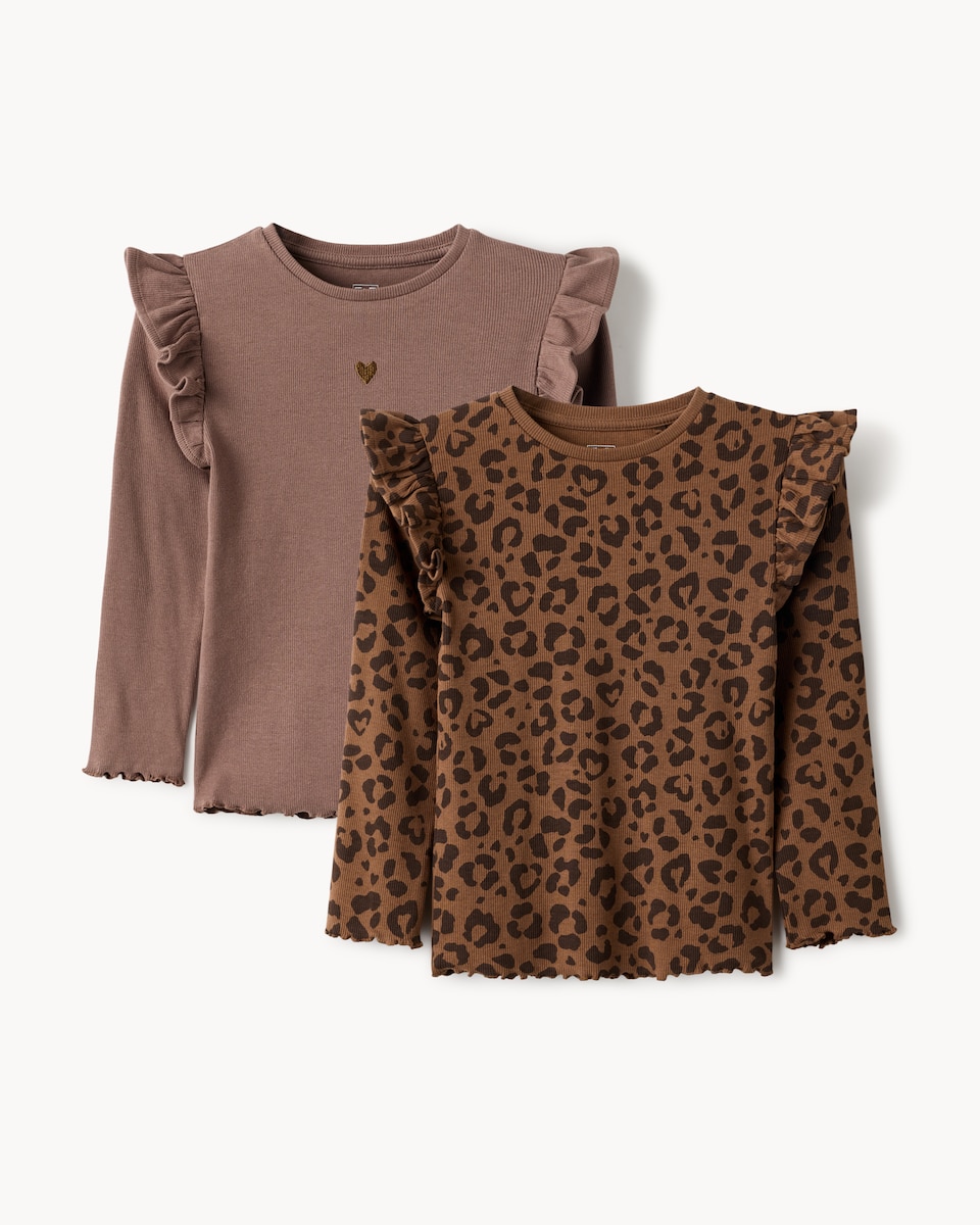 image 1 of F&F Girls 2-Pack Cotton Rich Ribbed Leopard Print Tops in Multi Brown
