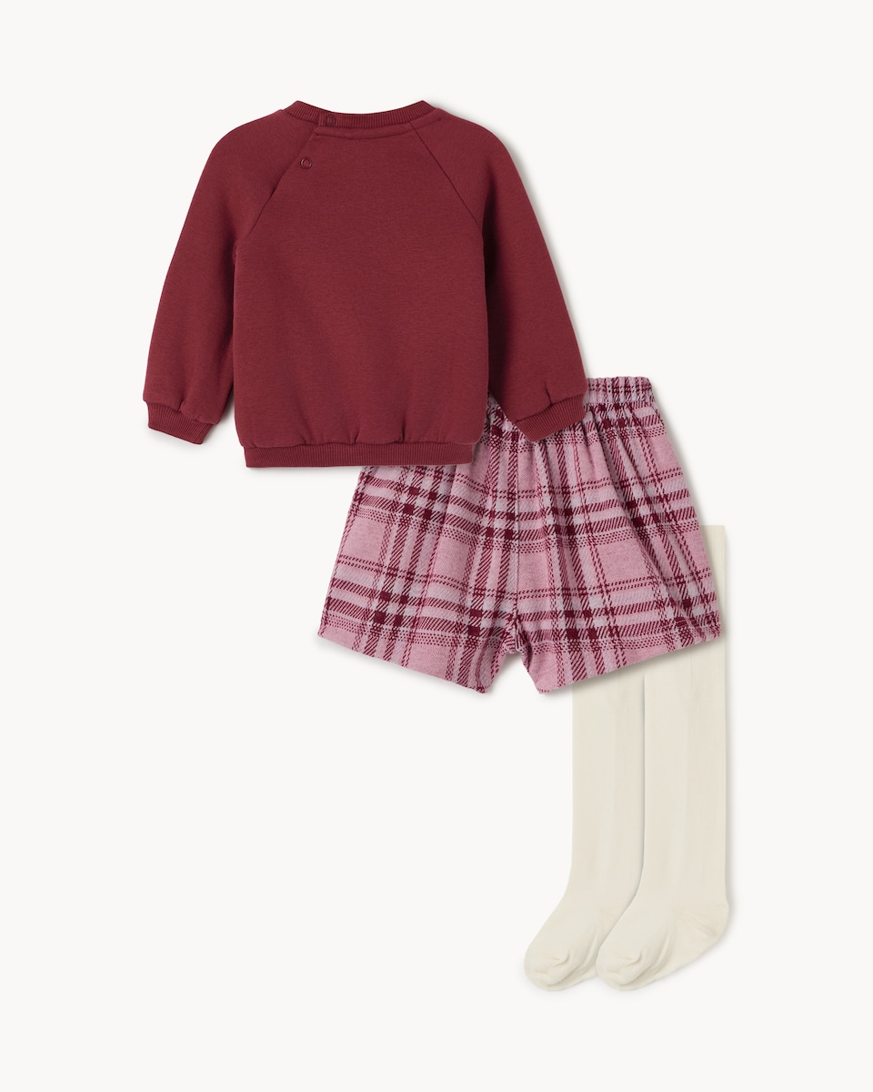 image 1 of F&F Baby Cotton Rich Sweatshirt, Skort and Tights Set in Pink