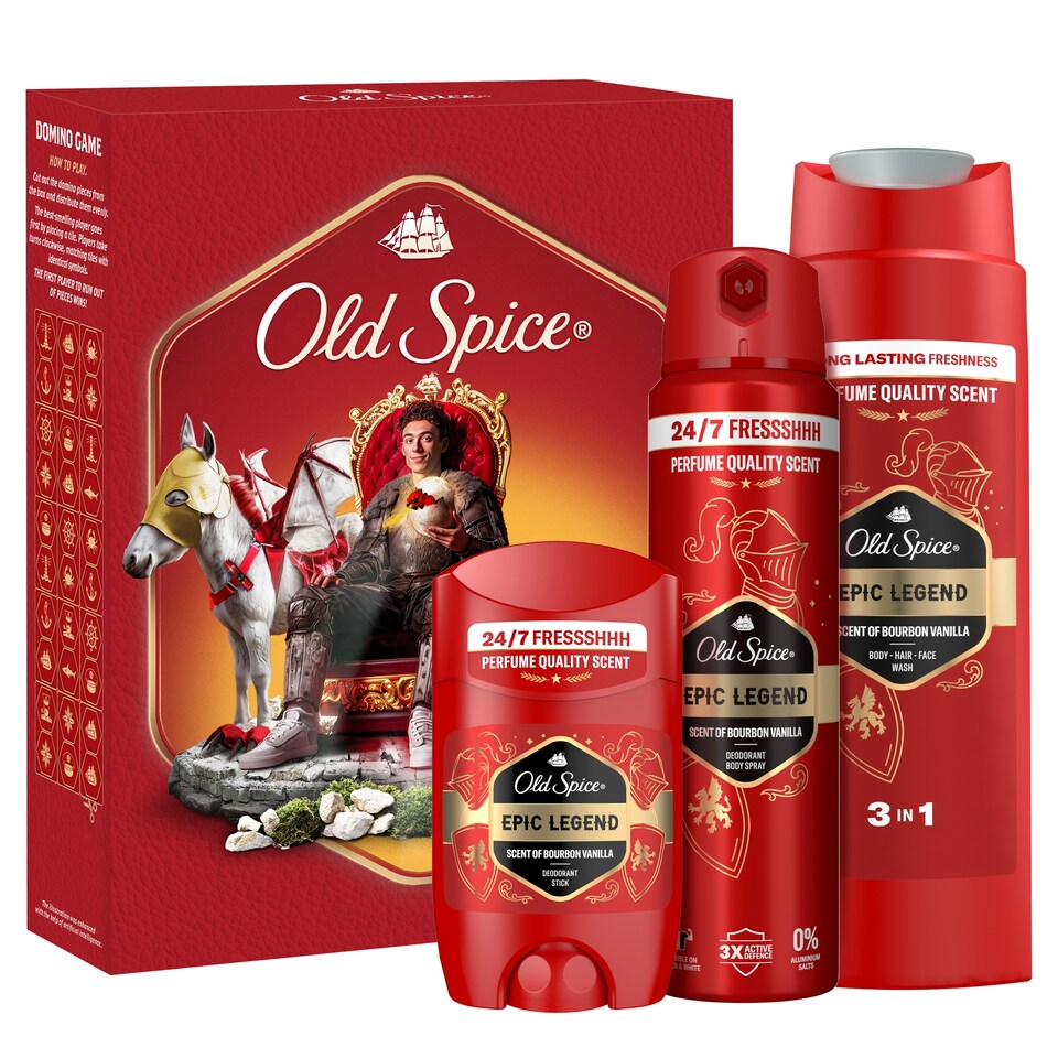 Obrázek 1 pro produkt Old Spice Knight Dárková Sada S Tuhým Deodorantem, Sprejem A Sprchovým Gelem Epic Legend