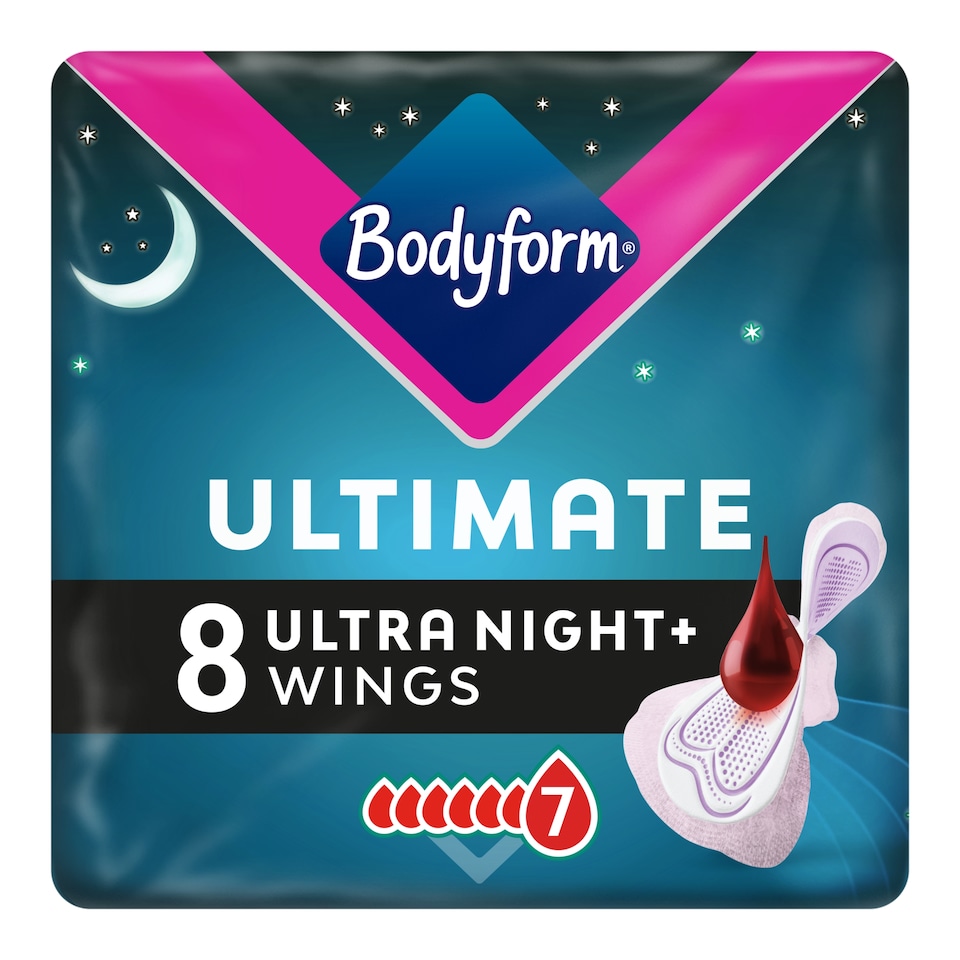 image 1 of Bodyform Ultimate Ultra Night+ Sanitary Towels Wings 8 pack