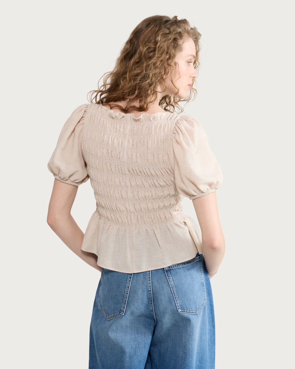 image 1 of F&F Shirred Peplum Puff Sleeved Blouse in Neutral