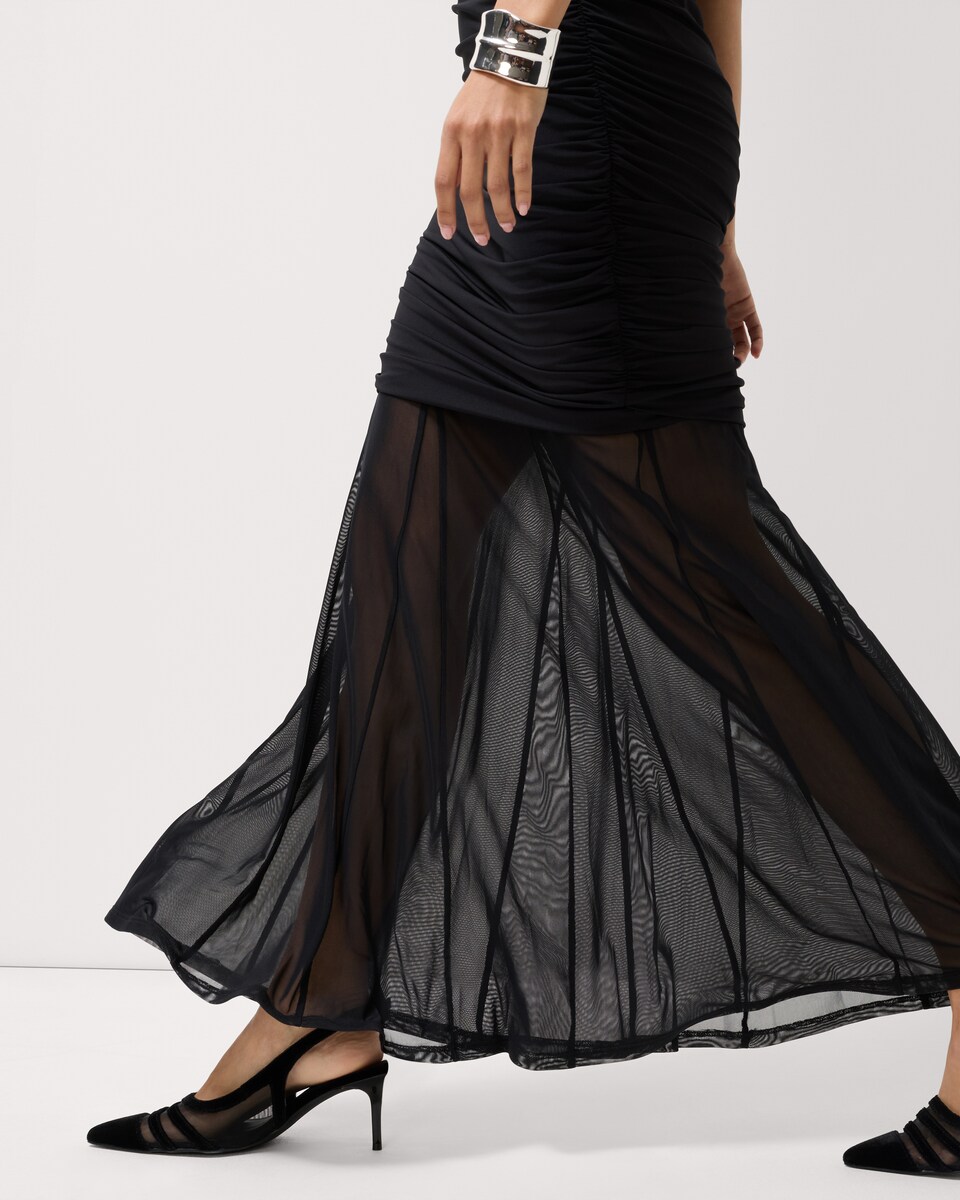 image 1 of F&F Mesh Cowl Neck Ruched Midi Dress in Black