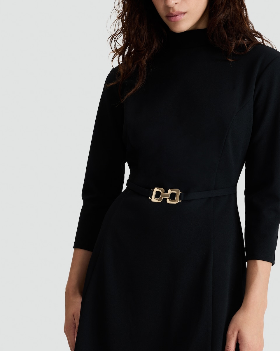 image 1 of F&F High Neck Belted Dress in Black