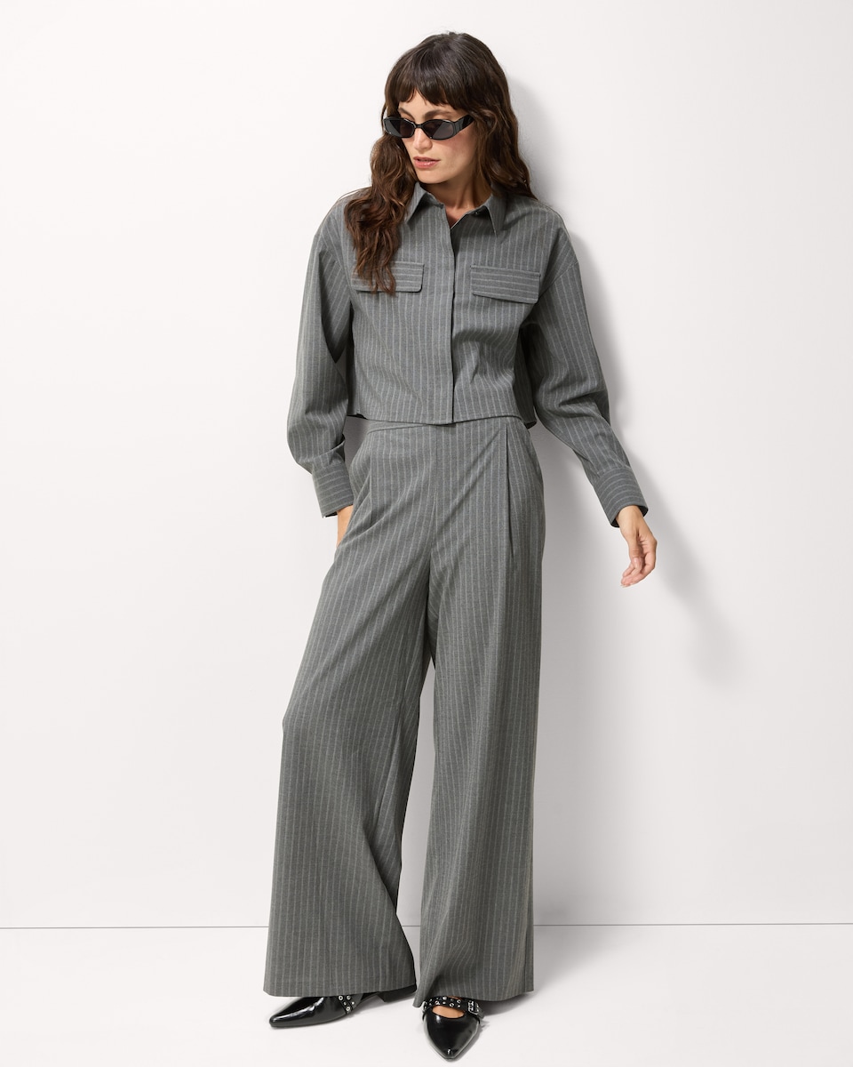 image 1 of F&F Pinstripe Cropped Co-ord Shirt in Grey