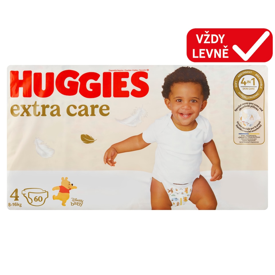 Obrázek 1 pro produkt Huggies Extra Care plenky velikost 4 pro děti 8-16kg 60 ks