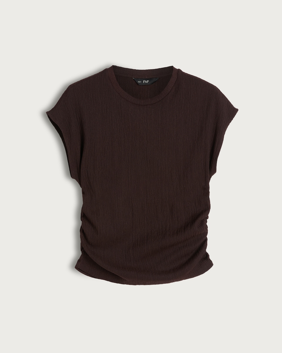 image 1 of F&F Crinkle Ruched Cap Sleeved Co-ord Top in Brown
