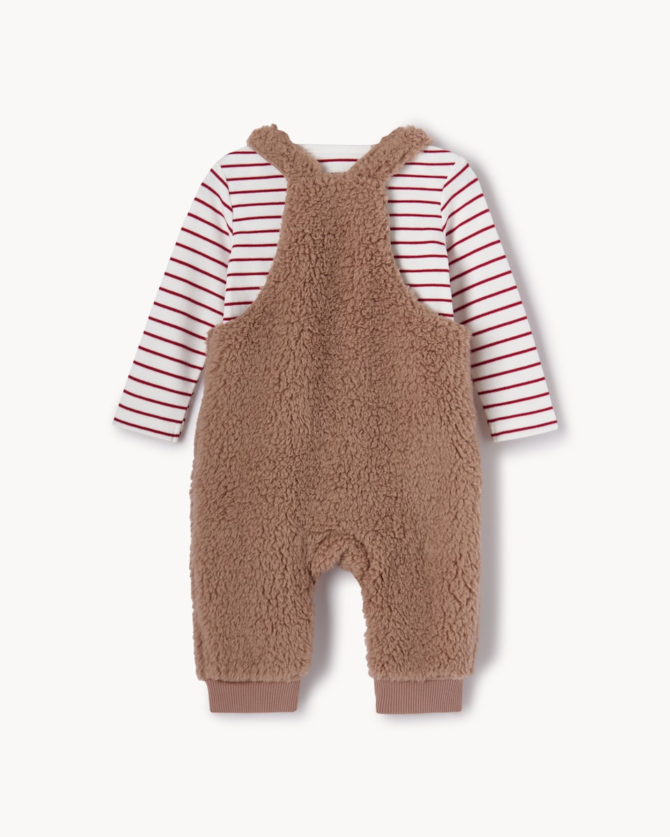 image 1 of Christmas Baby Borg Reindeer Dungarees and Striped Bodysuit Set in Brown