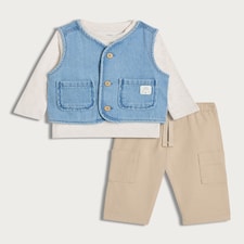 F&F Baby 3-Piece Pure Cotton Denim Waistcoat, Top and Trousers Set in Blue