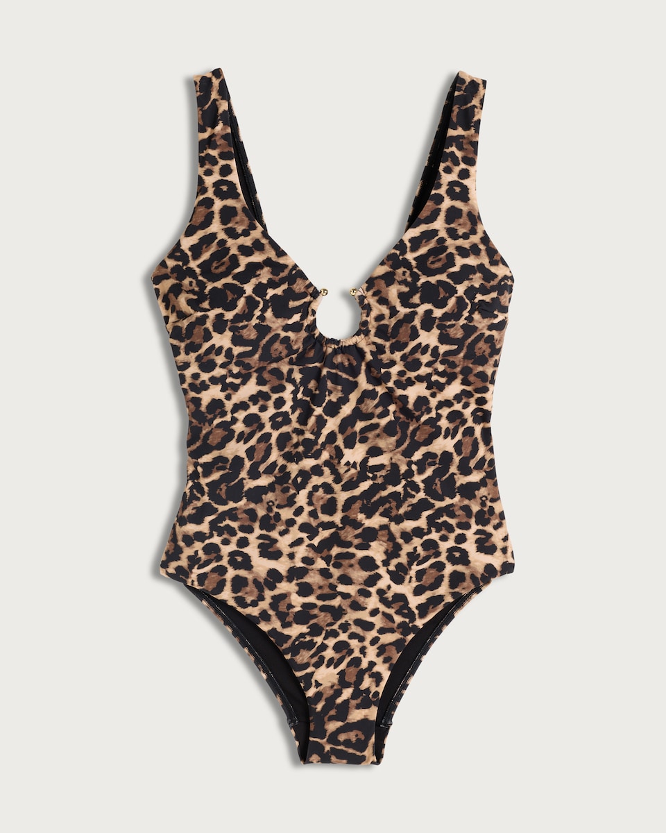 image 1 of F&F Leopard Print Ring Detail Swimsuit in Multi Brown