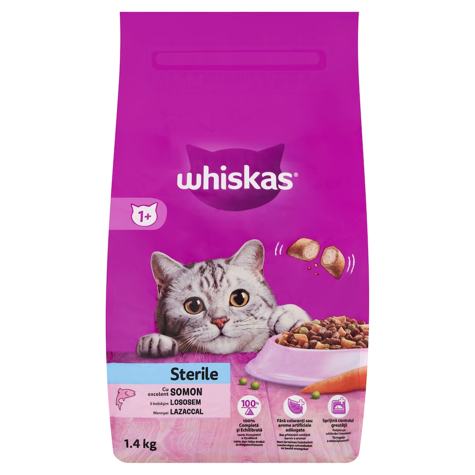 Whiskas Sterile teljes értékű szárazeledel felnőtt macskák számára lazaccal 1,4 kg  1. kép