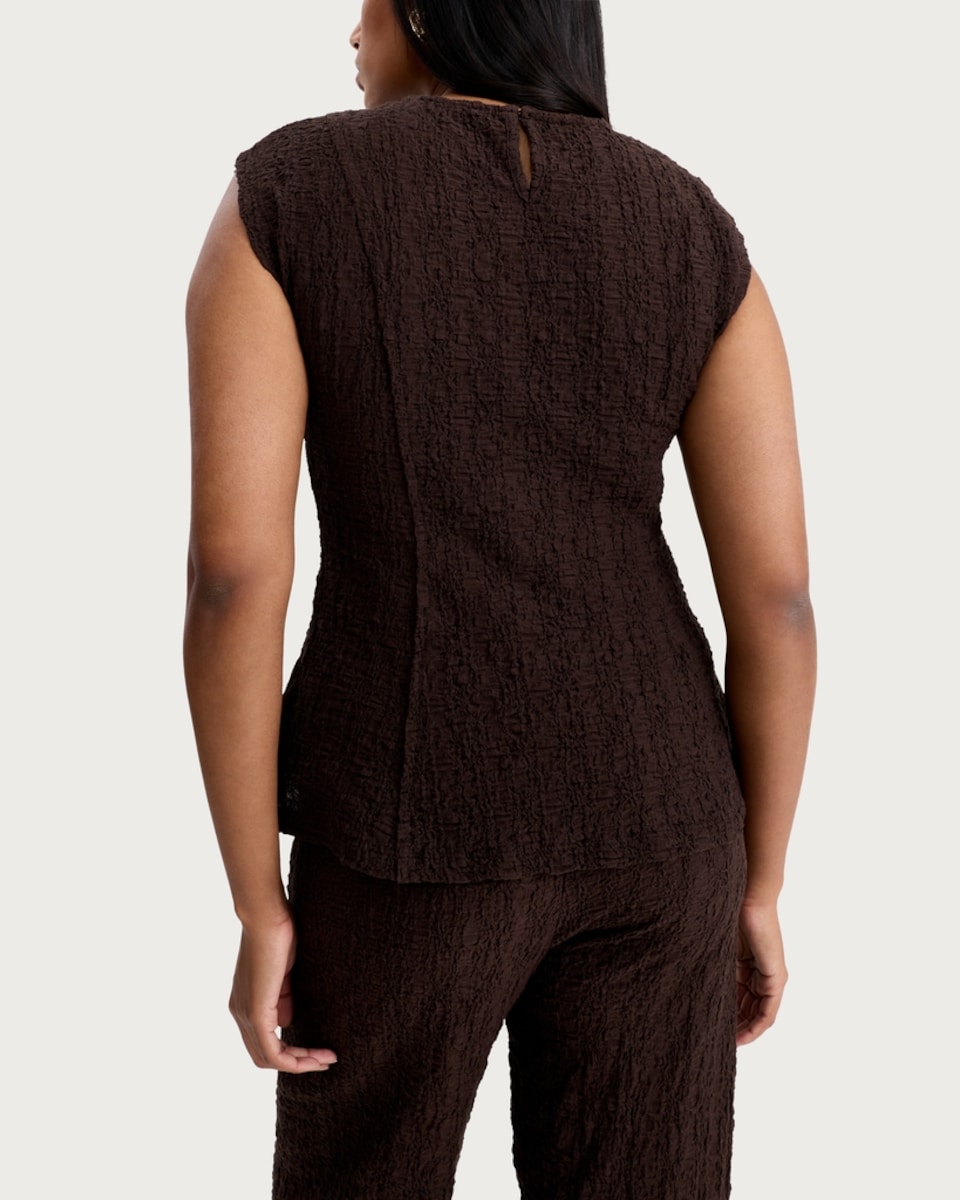 image 1 of F&F Cotton Rich Textured Peplum Hem T-Shirt in Chocolate