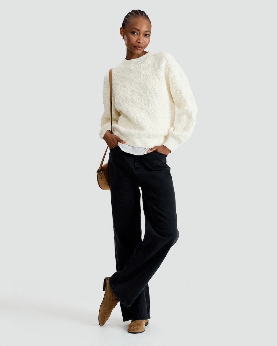 image 1 of F&F Chenille Textured Knitted Crew Neck Jumper in Cream