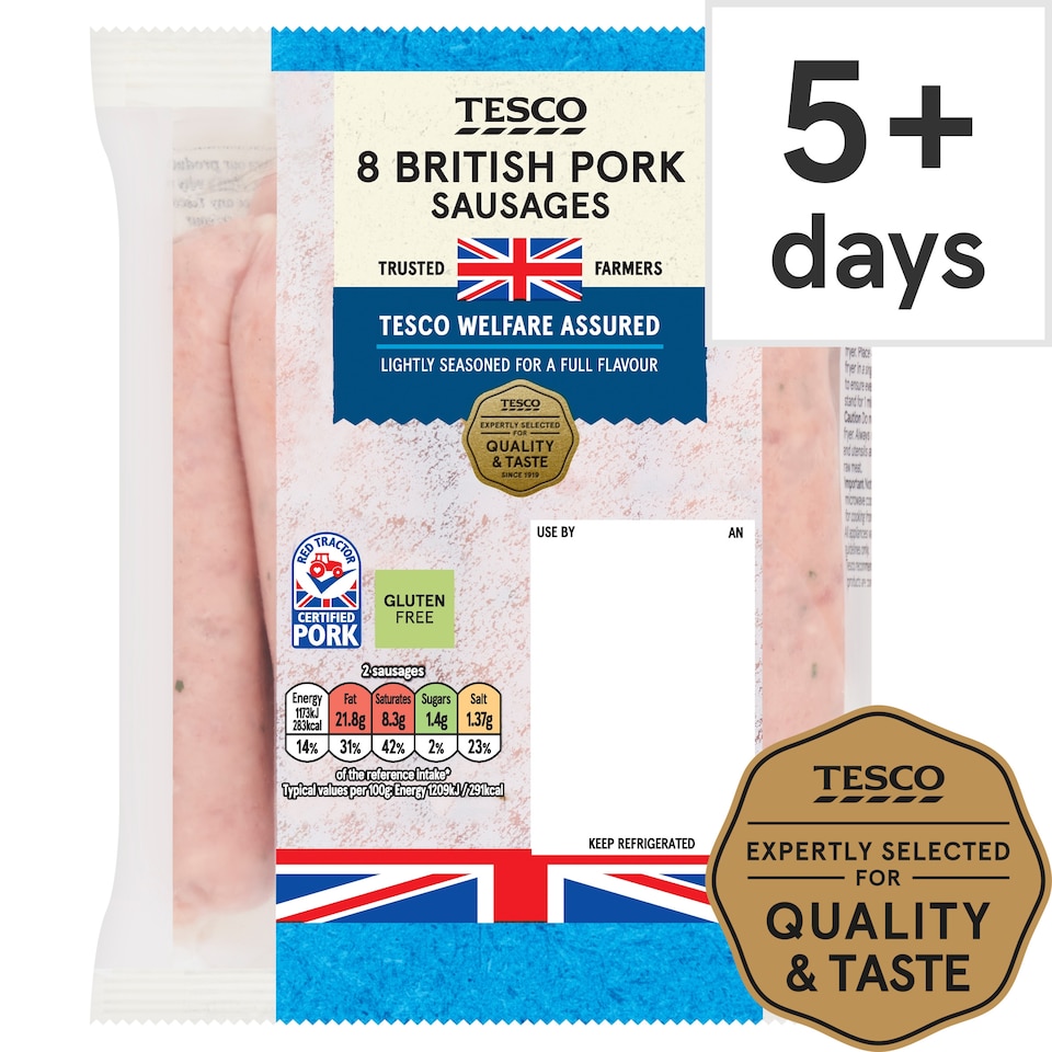 Tesco British Pork Sausages 8 Pack 454G