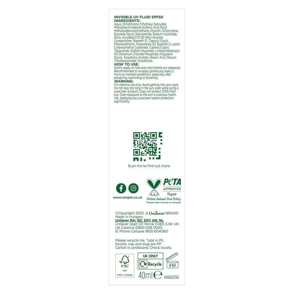 image 1 of Simple Invisible UV Face Fluid SPF 50 40ml