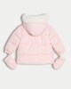 image 2 of F&F Baby Bow Print Shower Resistant Puffer Jacket with Mittens in Pink