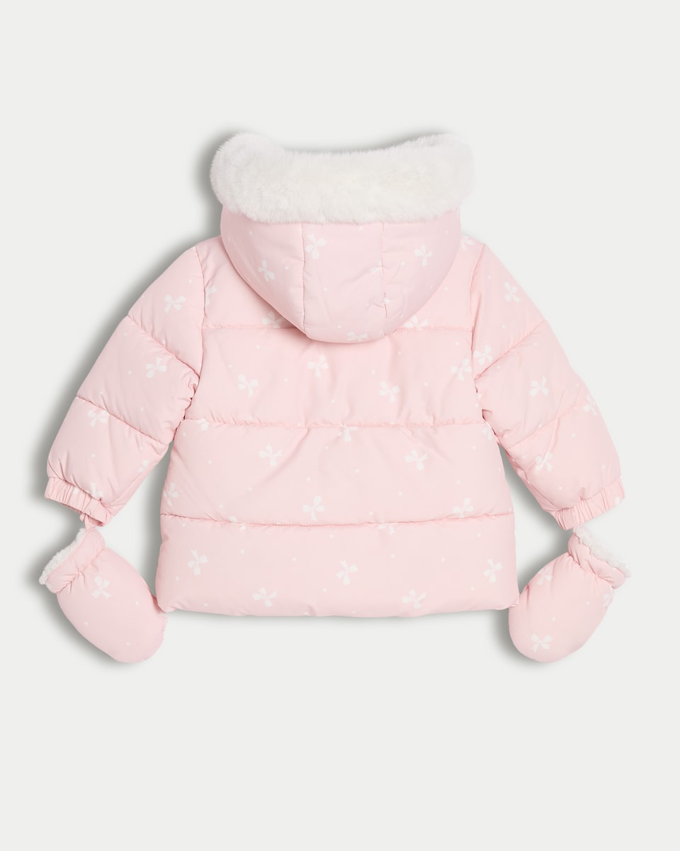 image 1 of F&F Baby Bow Print Shower Resistant Puffer Jacket with Mittens in Pink