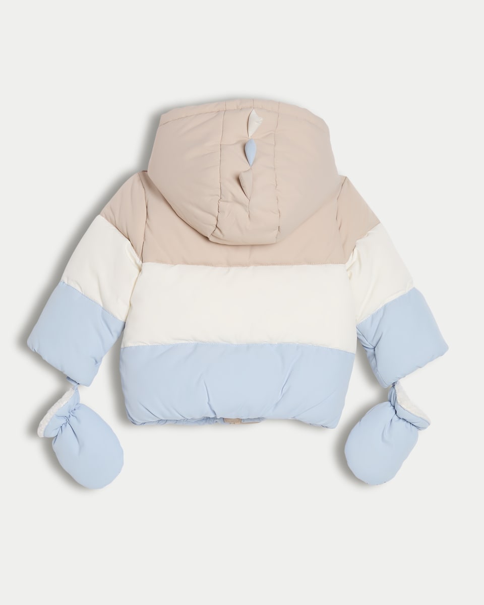 image 1 of F&F Baby Colour Block Shower Resistant Puffer Jacket with Mittens in Neutral