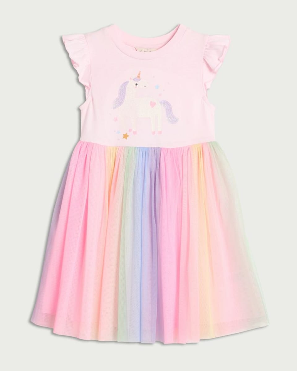 image 1 of F&F Girls Unicorn Rainbow Flutter Sleeved Dress in Multi Pink