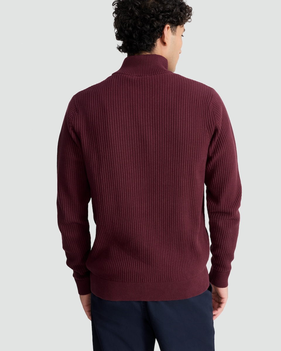 image 1 of F&F Pure Cotton Ribbed Half Zip Jumper in Burgundy