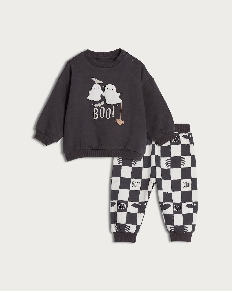 image 1 of F&F Baby 2-Piece Cotton Rich Boo Ghost Print Sweatshirt and Joggers Set in Dark Grey