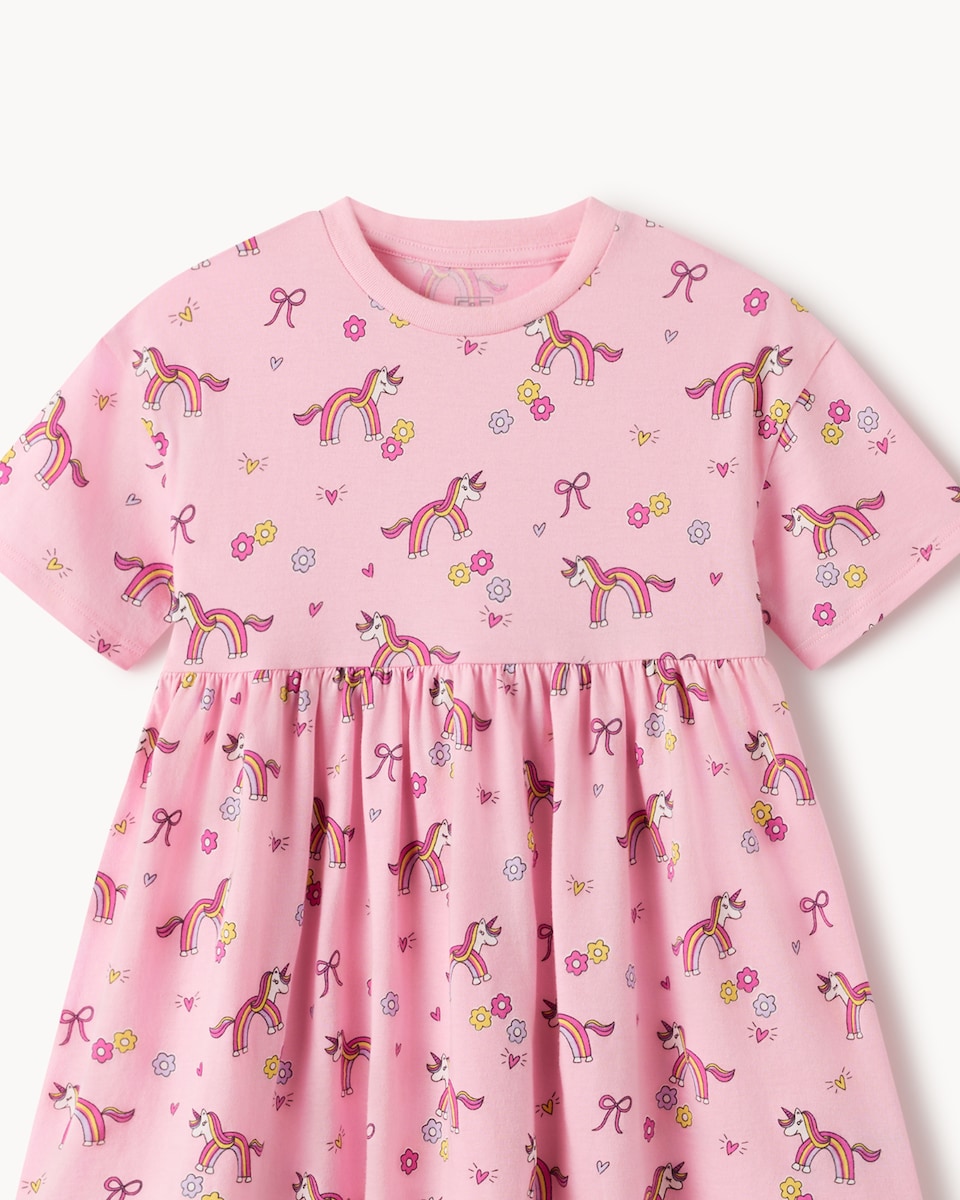 image 1 of F&F Girls' Pure Cotton Unicorn Print Short Sleeved Dress in Multi Pink