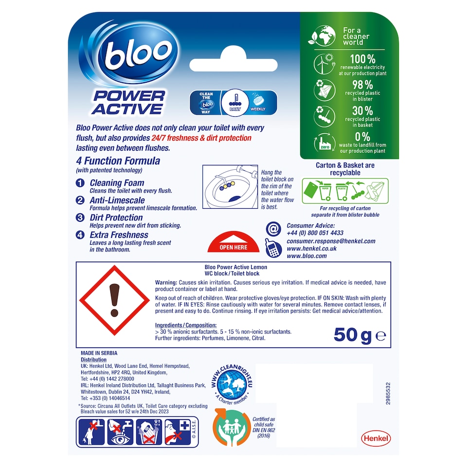 image 1 of Bloo Poweractive Lemon Toilet Rim Block 50G