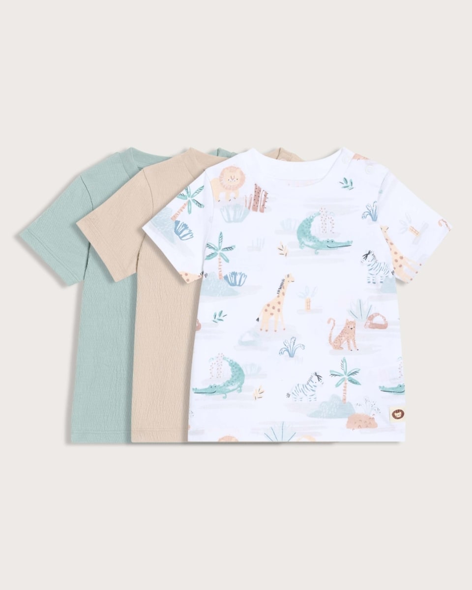 F&F Baby 3-Pack Pure Cotton Crinkle Safari Animal Print T-Shirts in Multi White
