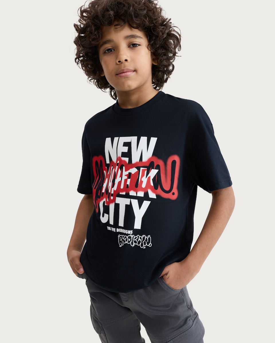 image 1 of F&F Boys Pure Cotton Printed Oversized Fit T-Shirt in Black