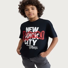 F&F Boys Pure Cotton Printed Oversized Fit T-Shirt in Black