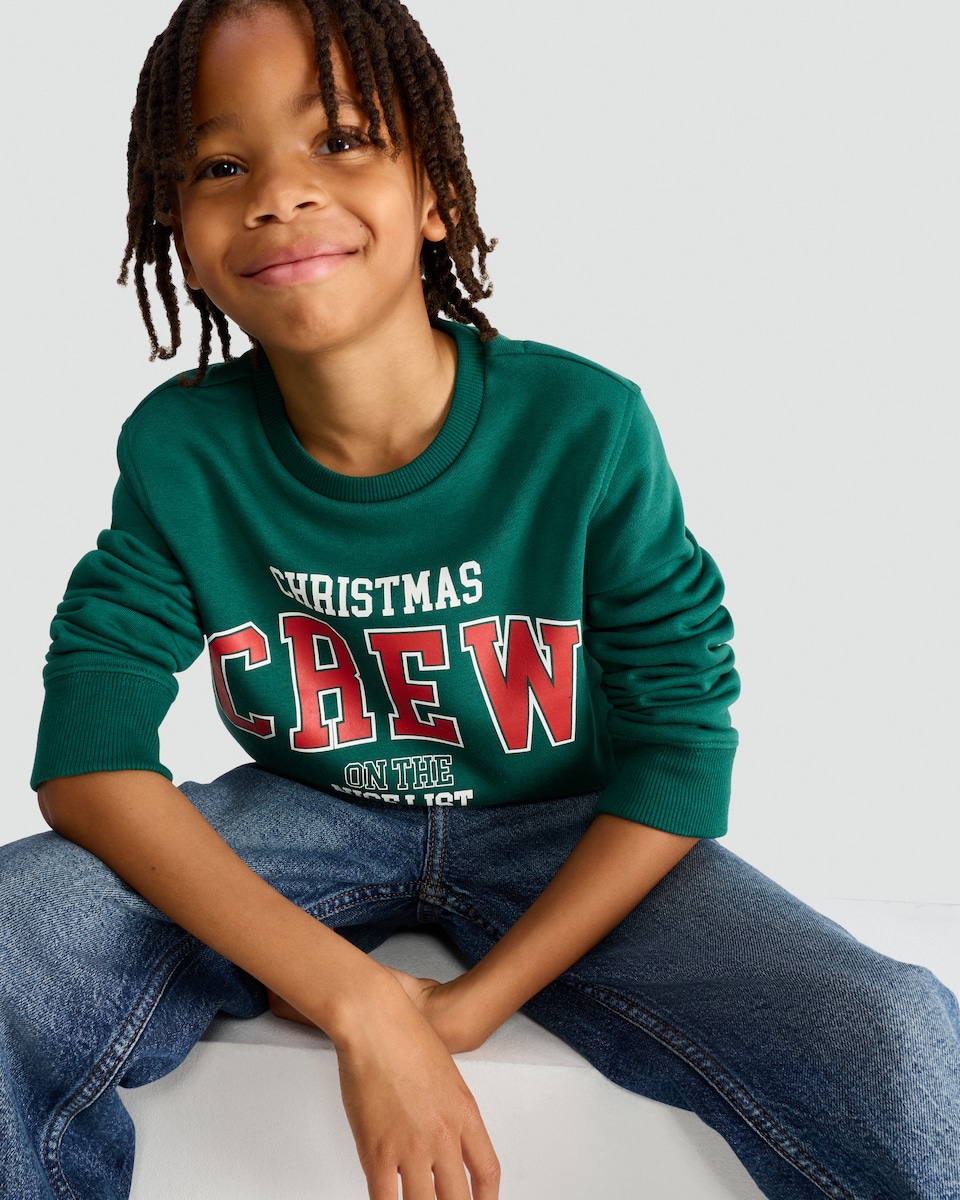 image 1 of F&F Boys Cotton Rich Christmas Crew Sweatshirt in Green