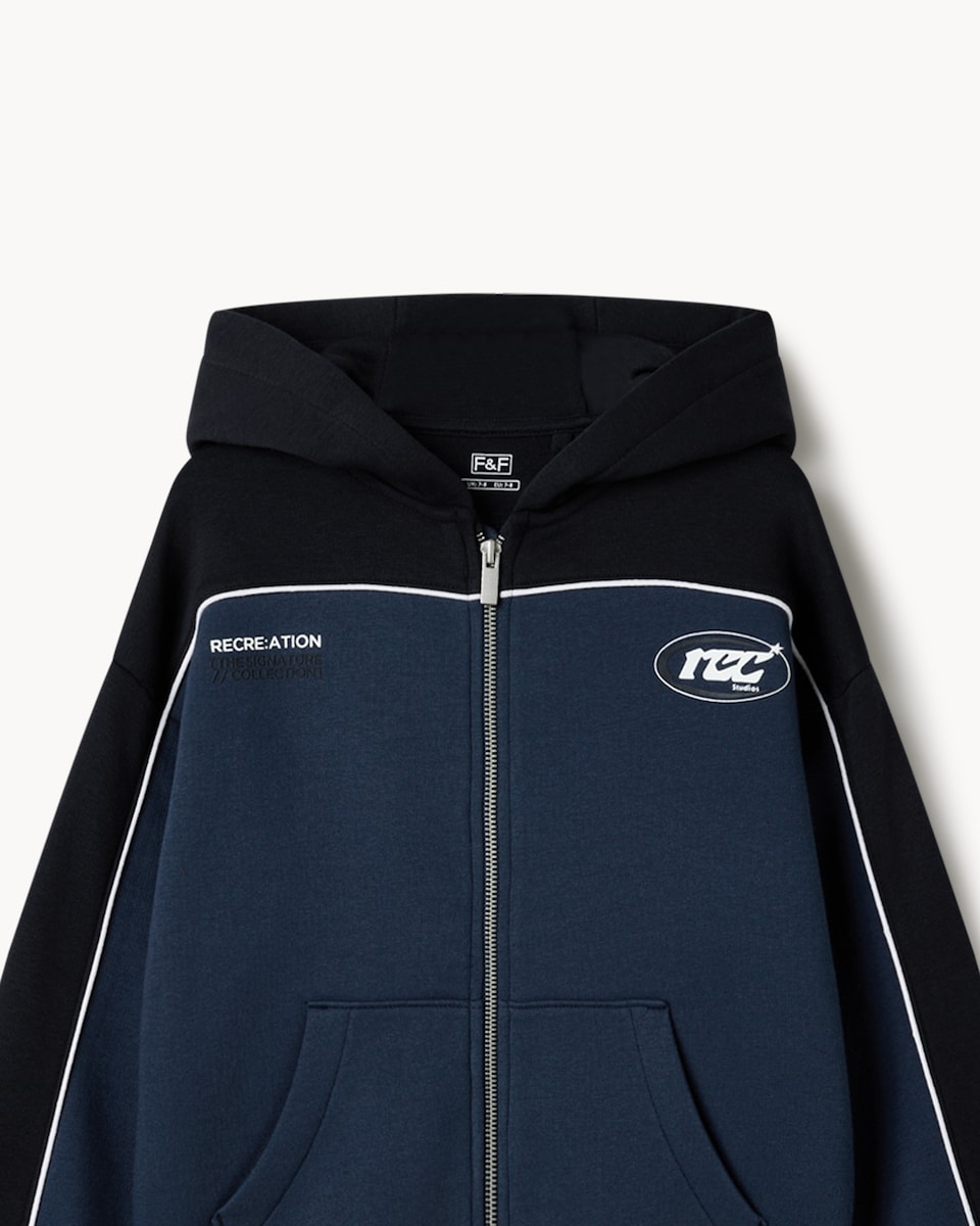 image 1 of F&F Boys Cotton Rich Colour Block Hoodie and Joggers Set in Navy