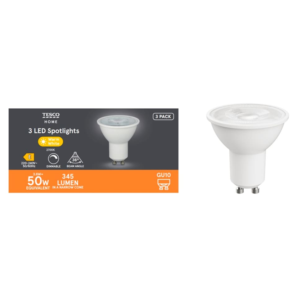 Tesco Led Spotlight Dimmable Warm White 50W Gu10 3 Pack
