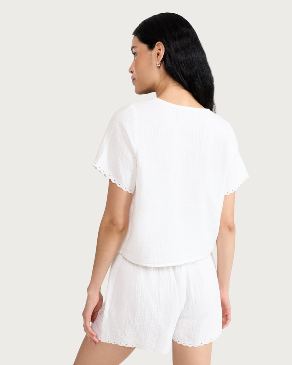 image 1 of The F&F Edit Pure Cotton Double Cloth Embroidered Tie Front Pyjama Top in White