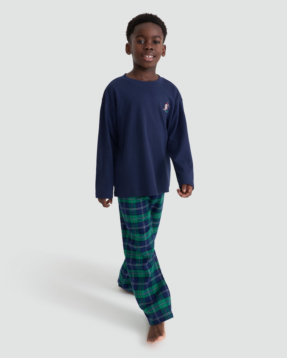 image 1 of F&F Boys Santa Top and Check Woven Trousers Pyjamas in Multi