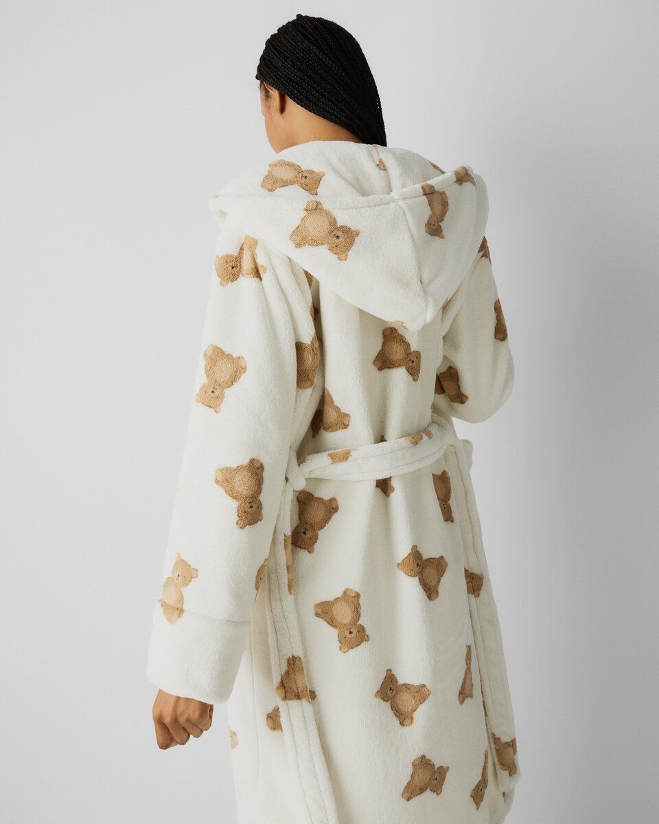 image 1 of F&F Fleece Teddy Hooded Dressing Gown in Cream
