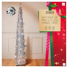 Tesco 6FT Pop Up Silver Tinsel Bauble Pre Lit Christmas Tree