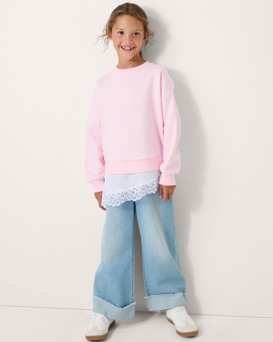 image 1 of F&F Girls Cotton Rich Lace Hem Sweatshirt in Pink