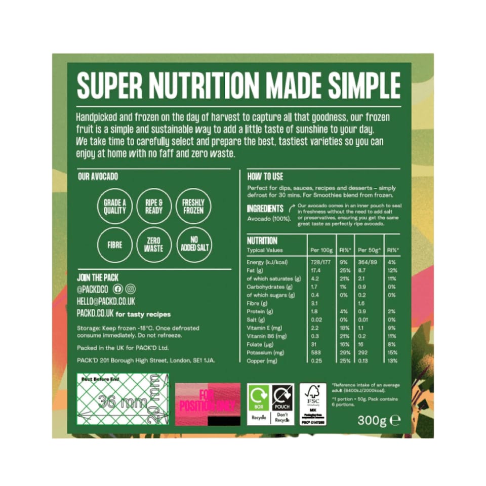 image 1 of PACK'D Ripe & Chopped Frozen Avocado 300g