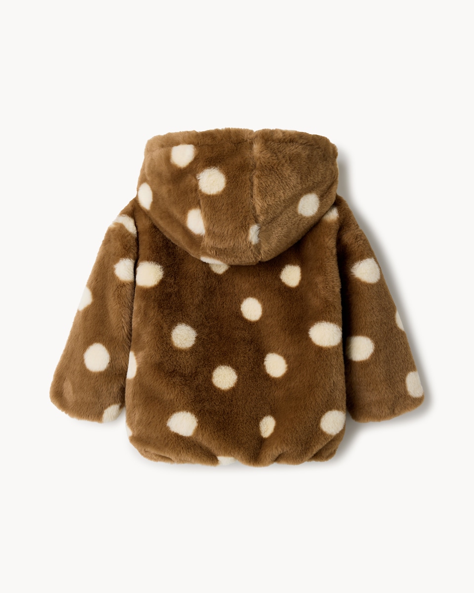 image 1 of F&F Girls Faux Fur Polka Dot Hooded Jacket in Multi Brown