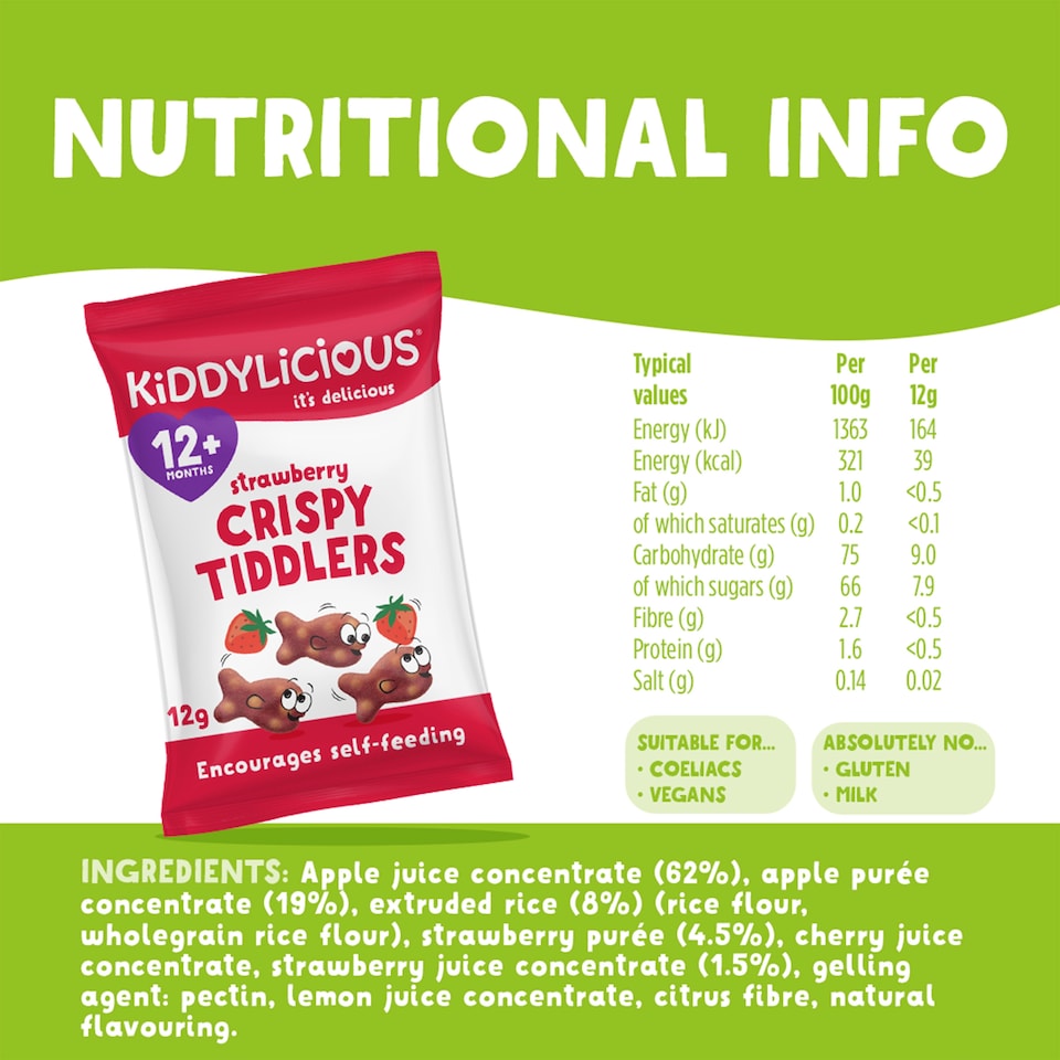 image 1 of Kiddylicious Strawberry Crispy Tiddlers 4X12g