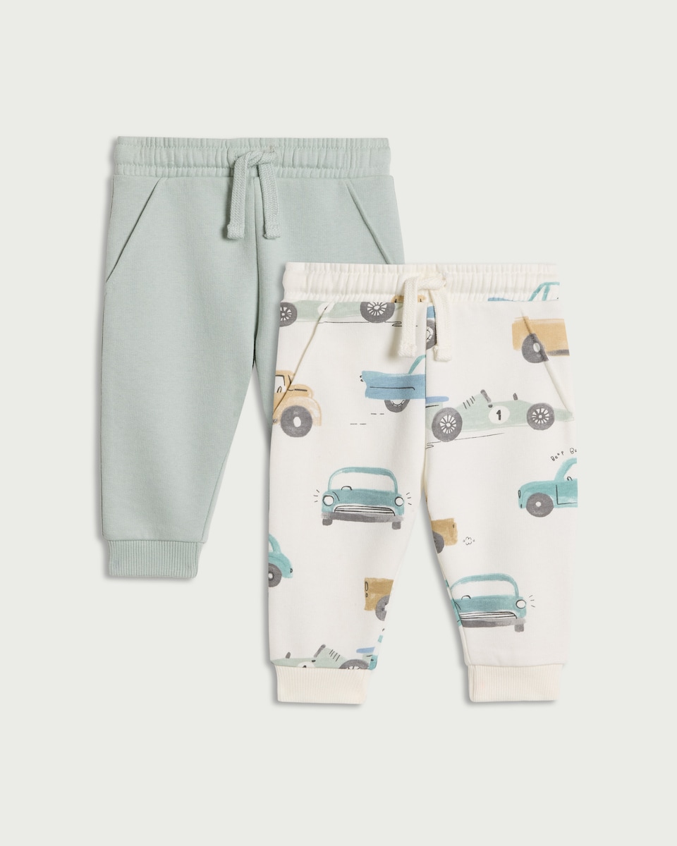 F&F Baby 2-Pack Cotton Rich Vehicle Print Joggers in Neutral