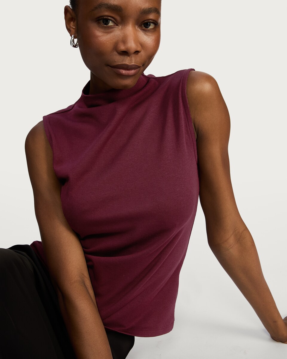 image 1 of F&F Cotton Modal Blend High Neck Sleeveless Top in Burgundy