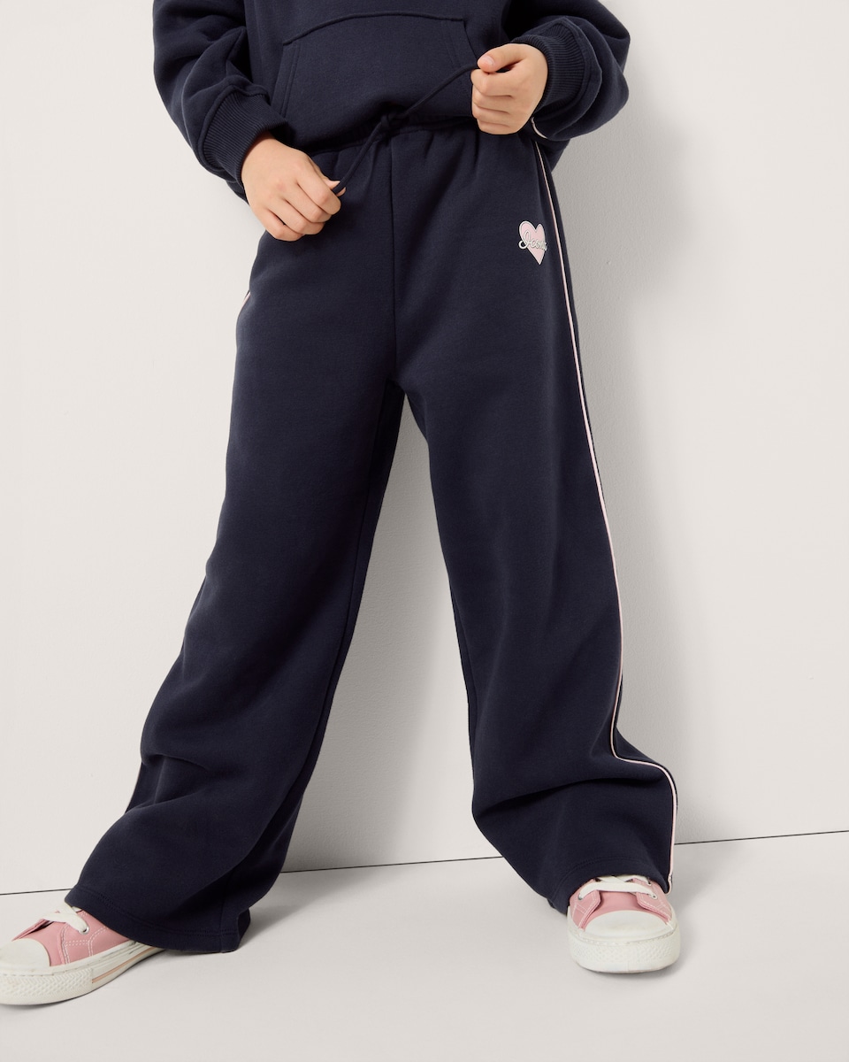 image 1 of F&F Girls Cotton Rich Side Stripe Wide Leg Joggers in Navy