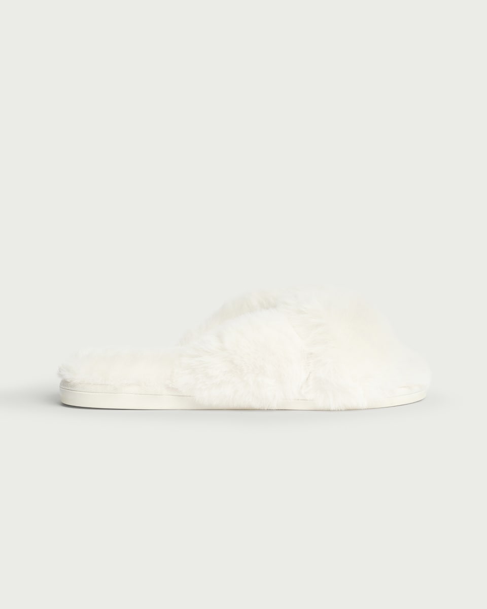 image 1 of F&F Faux Fur Crossover Slippers in Cream