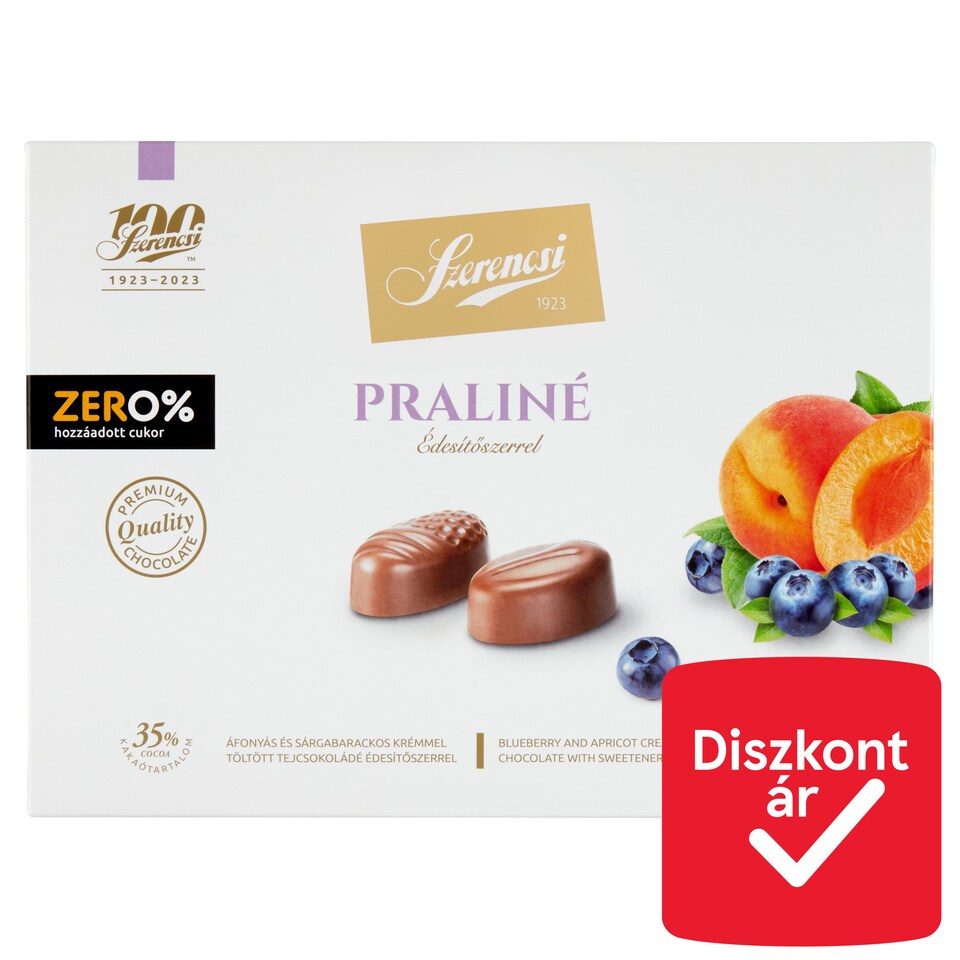image 1 of Szerencsi Zero% Milk Chocolate Praline Filled with Blueberry and Apricot Cream with Sweetener 105 g