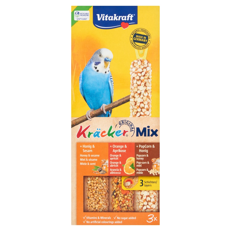Vitakraft Kracker Trio Honey, Orange & Popcorn Budgie x3 80g