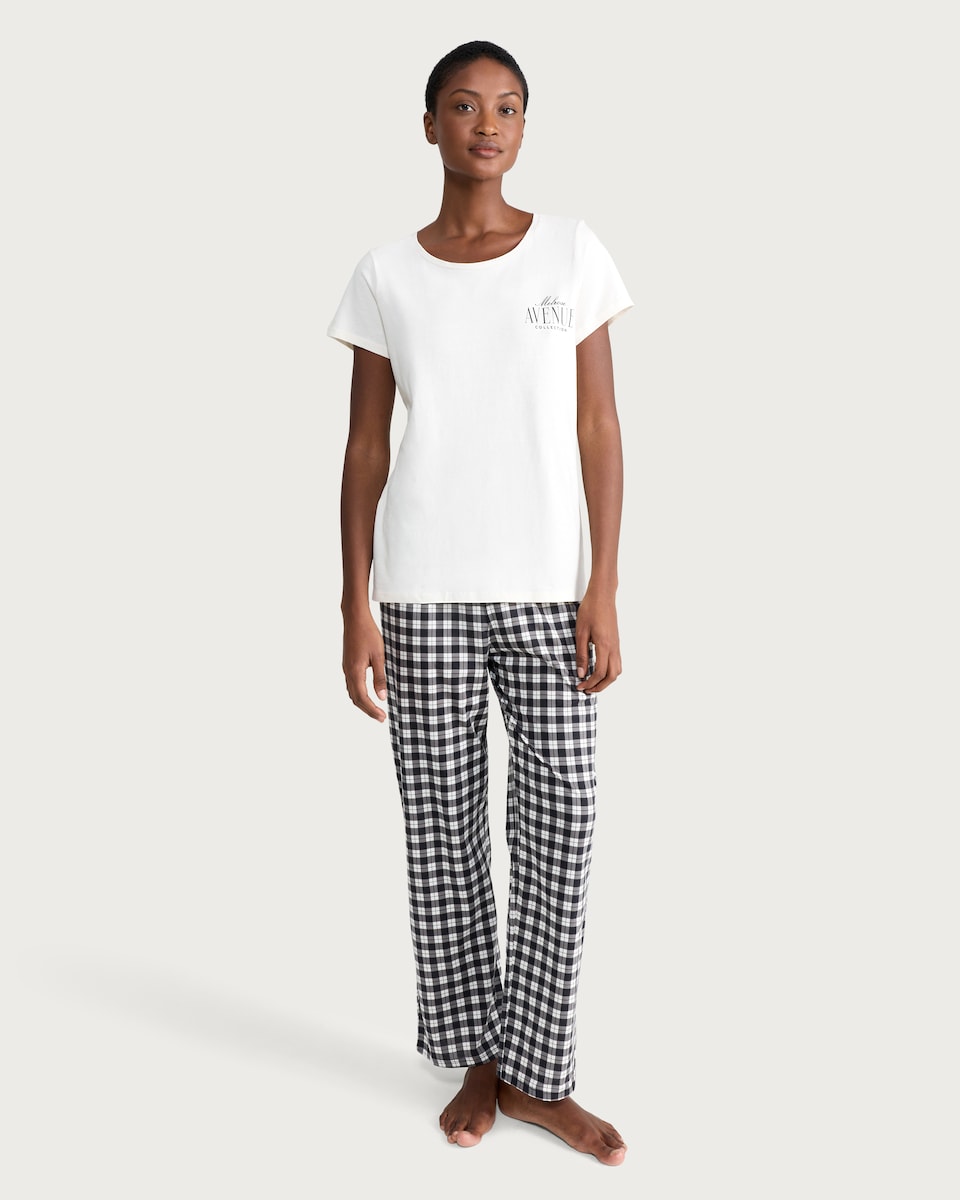 image 1 of F&F Pure Cotton T-Shirt and Bottoms Pyjama Set in Multi Black White