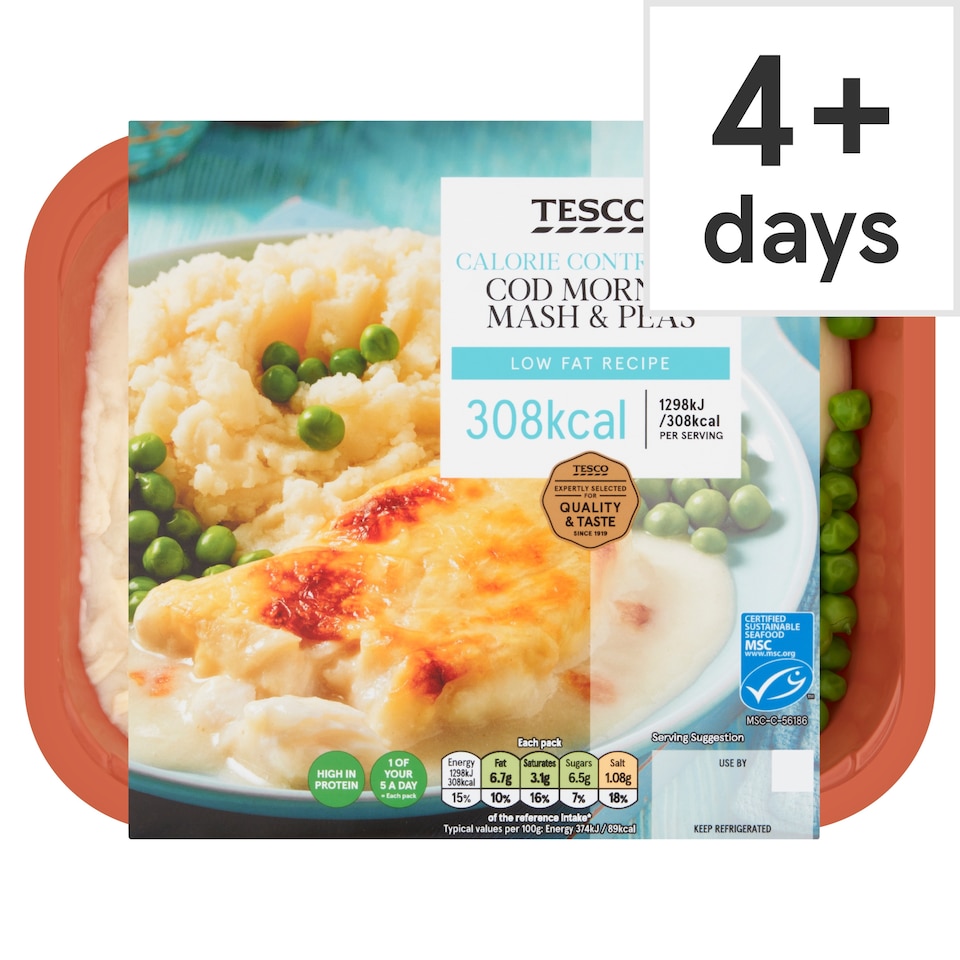 Tesco Calorie Controlled Cod Mornay, Mash & Peas 380g